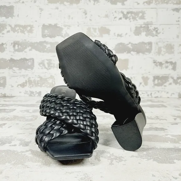 New Anne Klein Black Solid Braided Slide On Mule Block Heel Sandals  C483