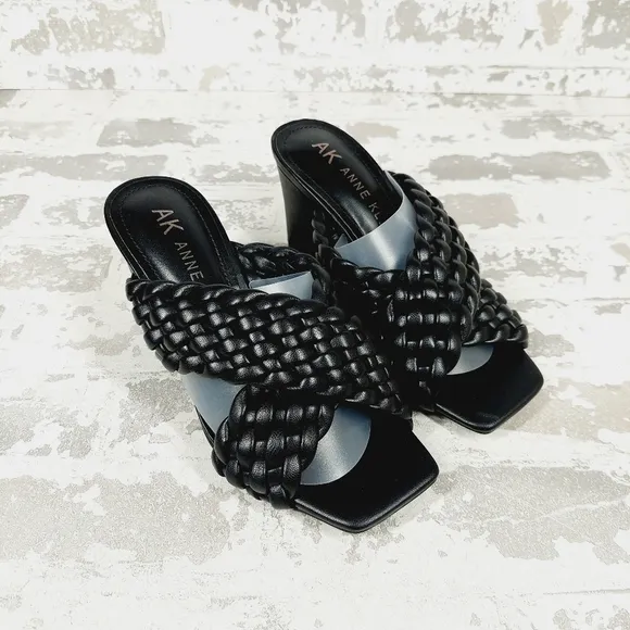 New Anne Klein Black Solid Braided Slide On Mule Block Heel Sandals  C483