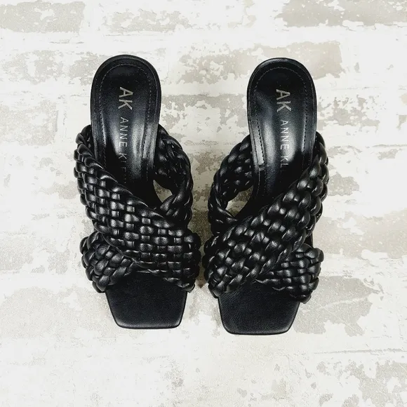 New Anne Klein Black Solid Braided Slide On Mule Block Heel Sandals  C483