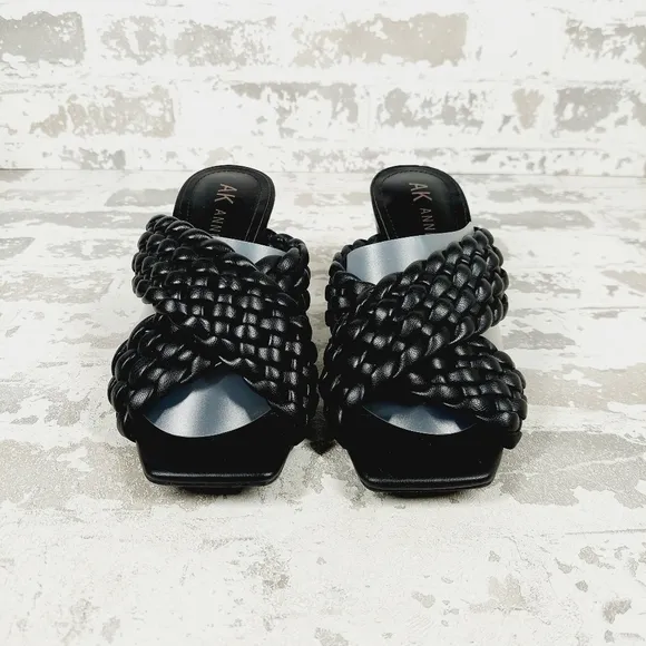 New Anne Klein Black Solid Braided Slide On Mule Block Heel Sandals  C483