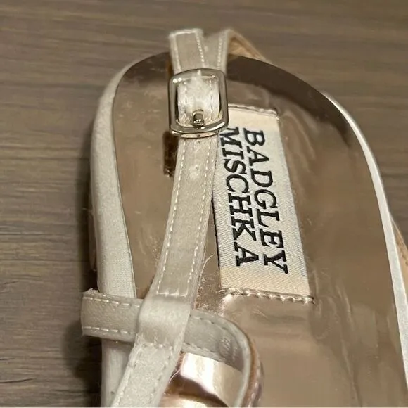 NEW Badgley Mischka Ivory Satin Tate Crystal Thong Slingback Flat Sandal 8.5