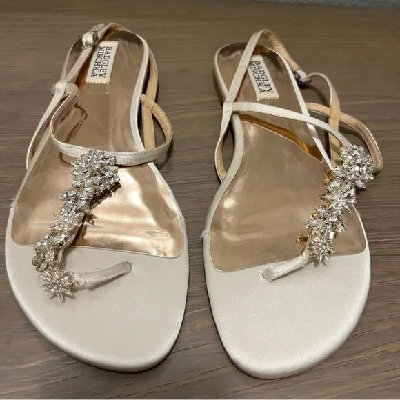 NEW Badgley Mischka Ivory Satin Tate Crystal Thong Slingback Flat Sandal 8.5