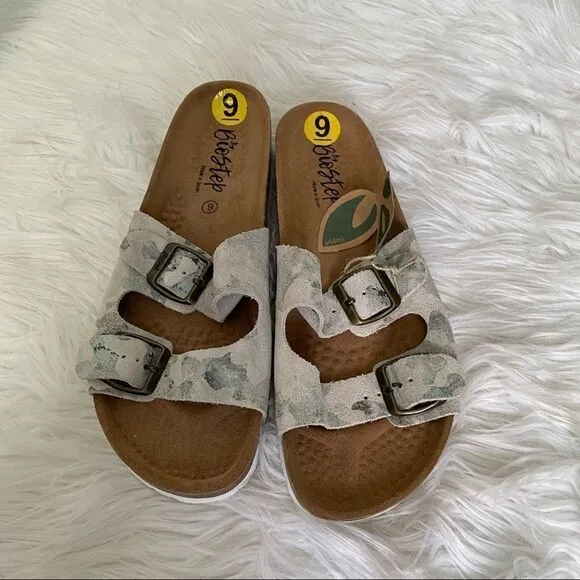 NEW Biostep camo leather two adjustable strap comfort slippers sandals 9