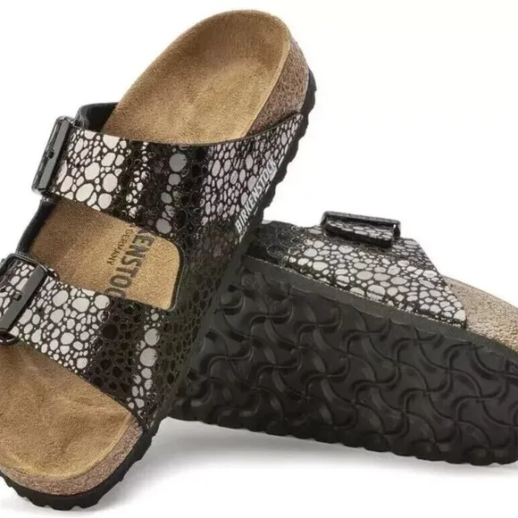 New Birkenstock Arizona Birko Flor Sandals- Metallic Stones Black
