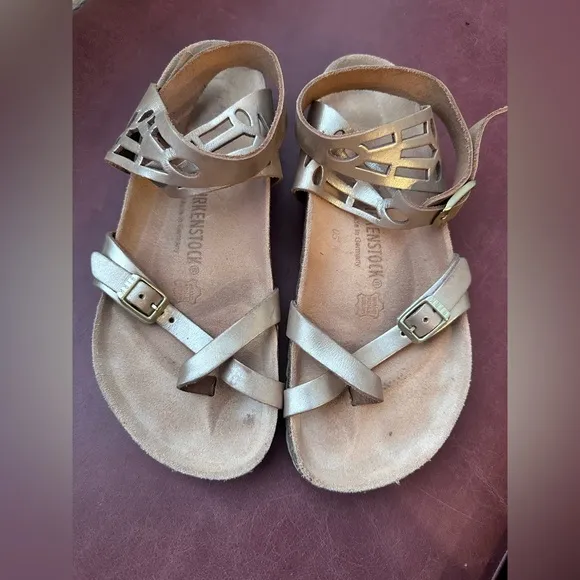 New Birkenstock Asmara Metallic Gold Ankle WrapCutout Leather Sandals.