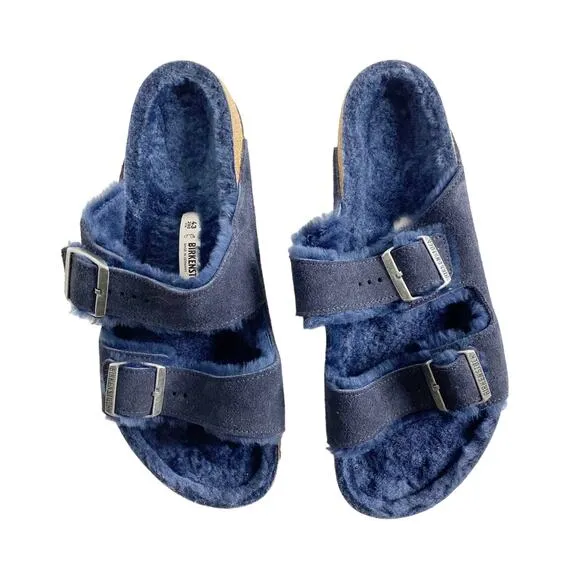 NEW Birkenstock Navy Blue Arizona Shearling Cozy Slide M 10