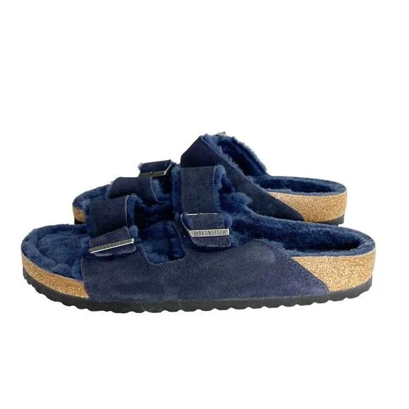NEW Birkenstock Navy Blue Arizona Shearling Cozy Slide M 10
