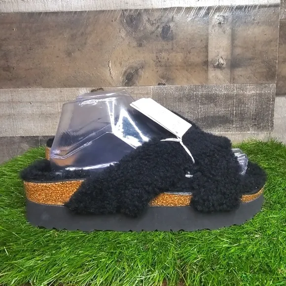 New BIRKENSTOCK Papillio Daytona Shearling Teddy Sandals Black 39