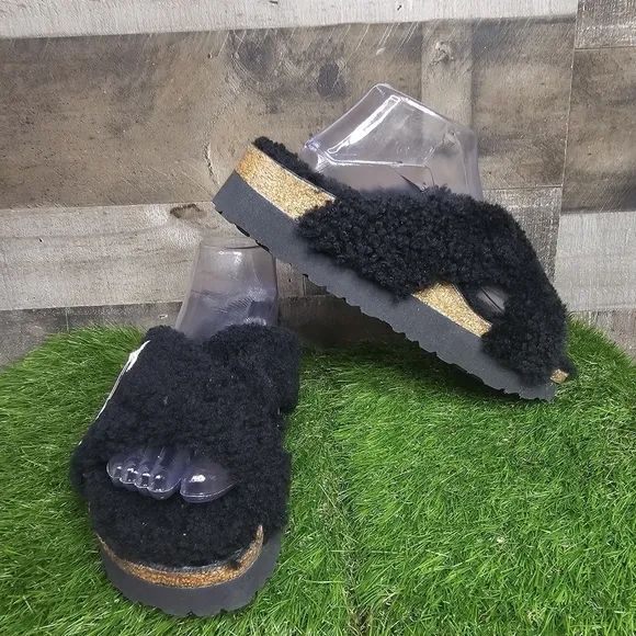 New BIRKENSTOCK Papillio Daytona Shearling Teddy Sandals Black 39