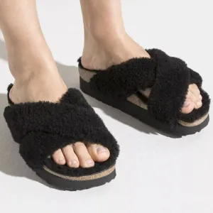New BIRKENSTOCK Papillio Daytona Shearling Teddy Sandals Black 39