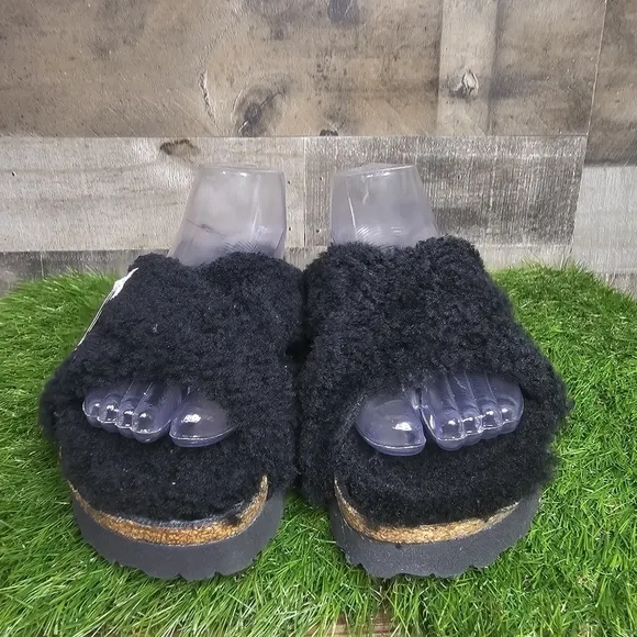 New BIRKENSTOCK Papillio Daytona Shearling Teddy Sandals Black 39