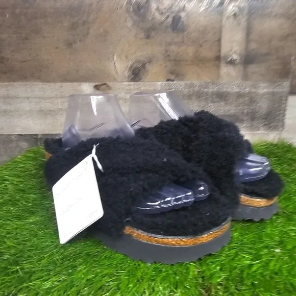 New BIRKENSTOCK Papillio Daytona Shearling Teddy Sandals Black 39
