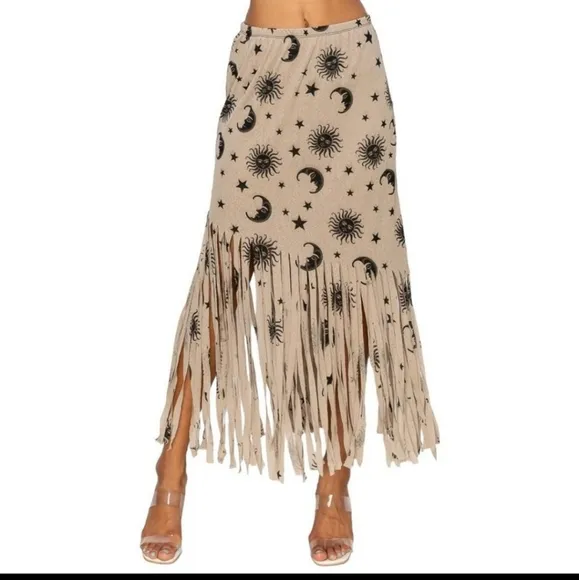 NEW BOHO CHIC FRINGE HEMMED DRESS SKIRT SUN, MOON, STARS CONVERTIBLE
