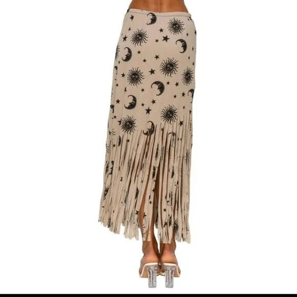 NEW BOHO CHIC FRINGE HEMMED DRESS SKIRT SUN, MOON, STARS CONVERTIBLE