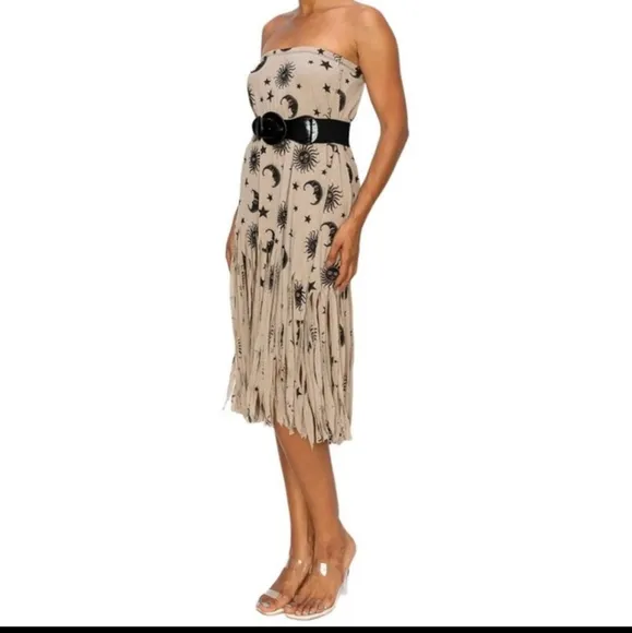 NEW BOHO CHIC FRINGE HEMMED DRESS SKIRT SUN, MOON, STARS CONVERTIBLE
