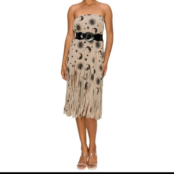 NEW BOHO CHIC FRINGE HEMMED DRESS SKIRT SUN, MOON, STARS CONVERTIBLE