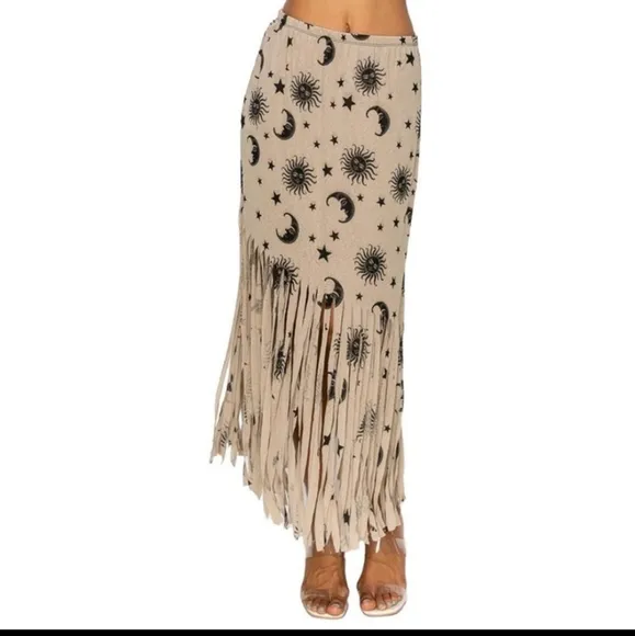 NEW BOHO CHIC FRINGE HEMMED DRESS SKIRT SUN, MOON, STARS CONVERTIBLE