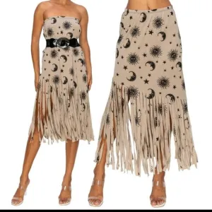 NEW BOHO CHIC FRINGE HEMMED DRESS SKIRT SUN, MOON, STARS CONVERTIBLE