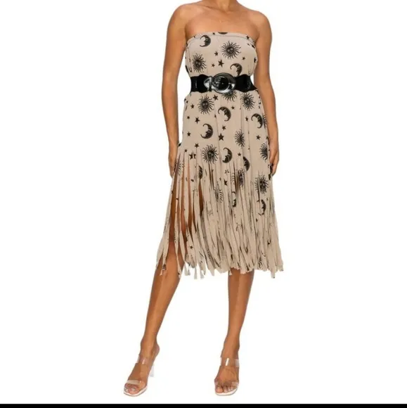 NEW BOHO CHIC FRINGE HEMMED DRESS SKIRT SUN, MOON, STARS CONVERTIBLE