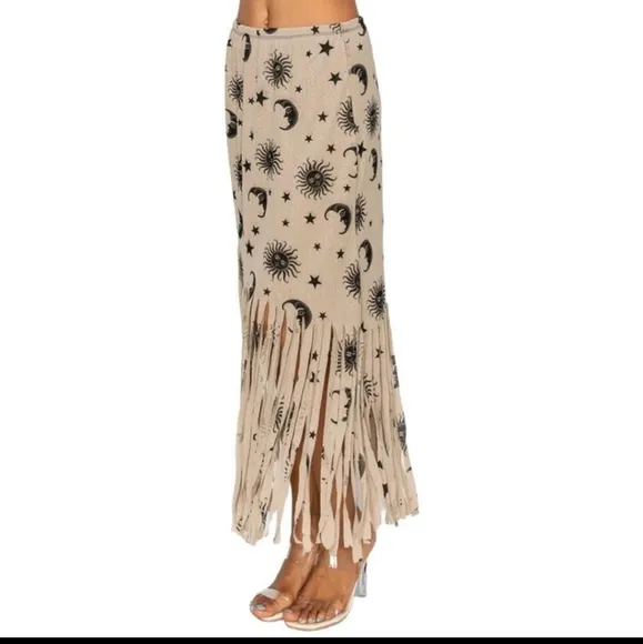 NEW BOHO CHIC FRINGE HEMMED DRESS SKIRT SUN, MOON, STARS CONVERTIBLE