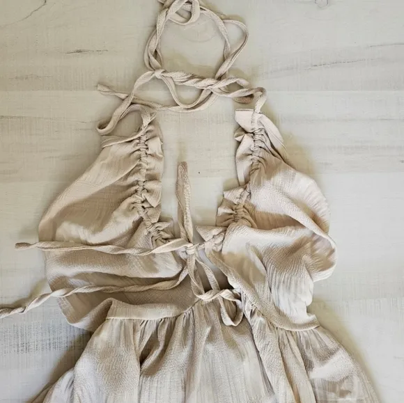 NEW Boho Tie Back Halter Ruffle Maxi Dress Beige Tan Nude