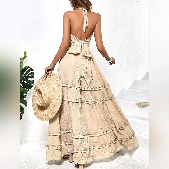 NEW Boho Tie Back Halter Ruffle Maxi Dress Beige Tan Nude