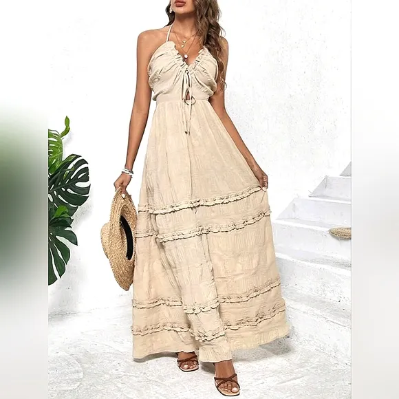 NEW Boho Tie Back Halter Ruffle Maxi Dress Beige Tan Nude