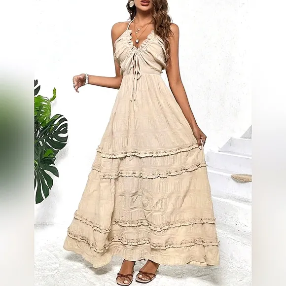 NEW Boho Tie Back Halter Ruffle Maxi Dress Beige Tan Nude