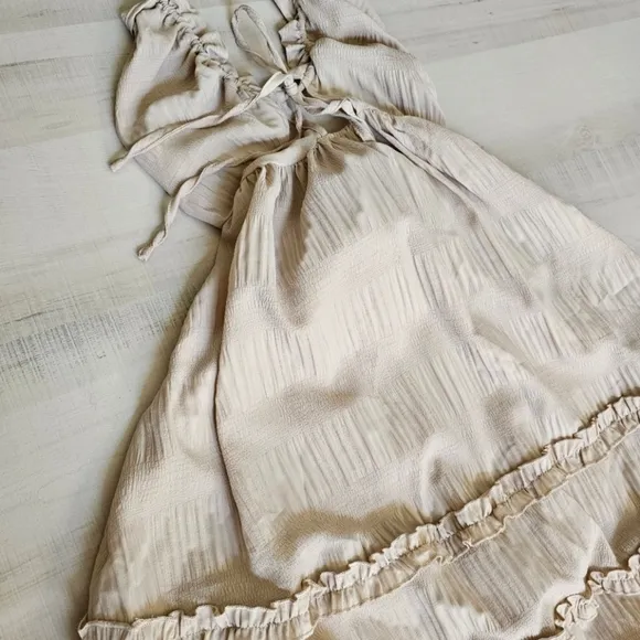 NEW Boho Tie Back Halter Ruffle Maxi Dress Beige Tan Nude
