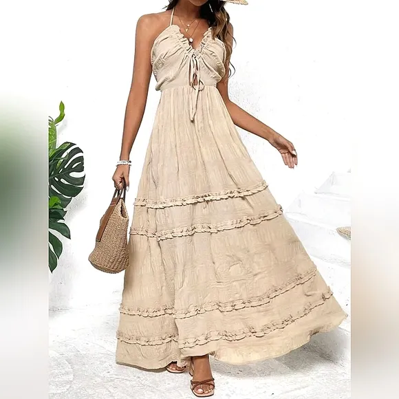 NEW Boho Tie Back Halter Ruffle Maxi Dress Beige Tan Nude