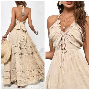 NEW Boho Tie Back Halter Ruffle Maxi Dress Beige Tan Nude