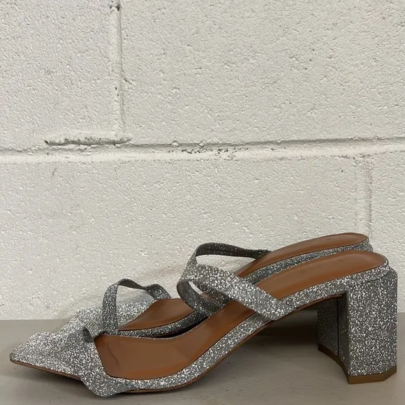 NEW By far sz38 silver metallic slip on heels open Tanya glitter leather sandal