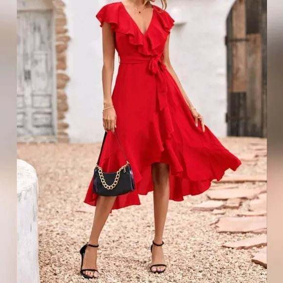 New Chic Flowy Ruffle Wrap Tie Midi Dress Red