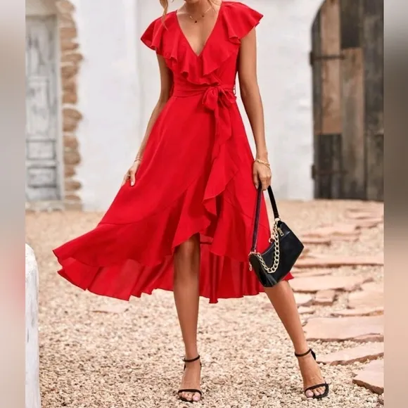 New Chic Flowy Ruffle Wrap Tie Midi Dress Red