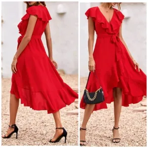 New Chic Flowy Ruffle Wrap Tie Midi Dress Red