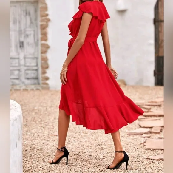 New Chic Flowy Ruffle Wrap Tie Midi Dress Red