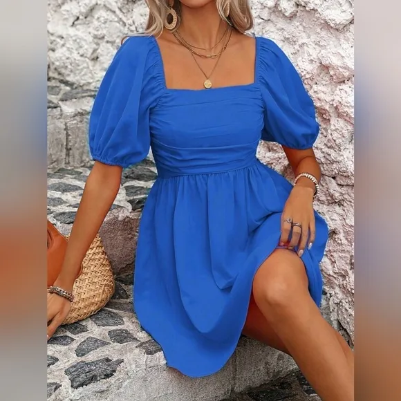 New Chic Ruched Puffed Sleeve Short Dress Royal Blue
