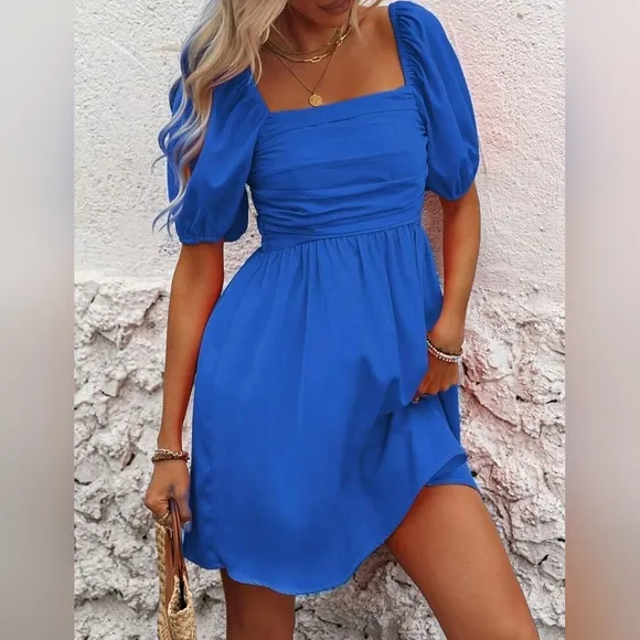 New Chic Ruched Puffed Sleeve Short Dress Royal Blue