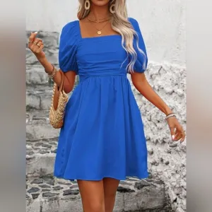 New Chic Ruched Puffed Sleeve Short Dress Royal Blue