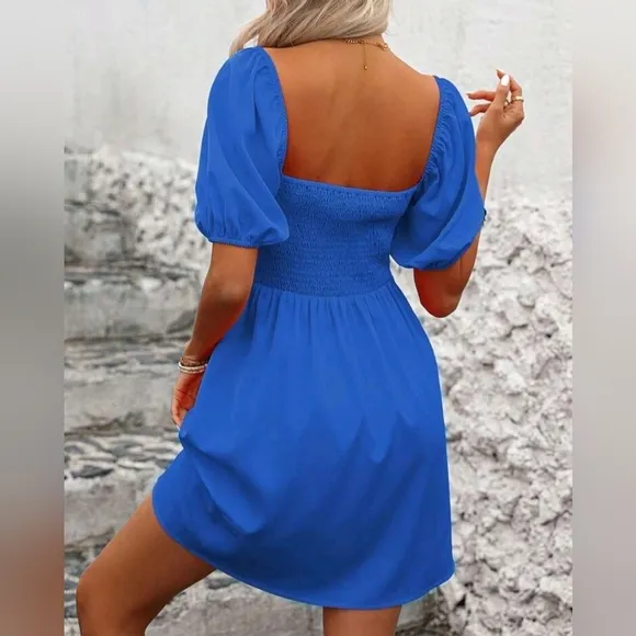 New Chic Ruched Puffed Sleeve Short Dress Royal Blue
