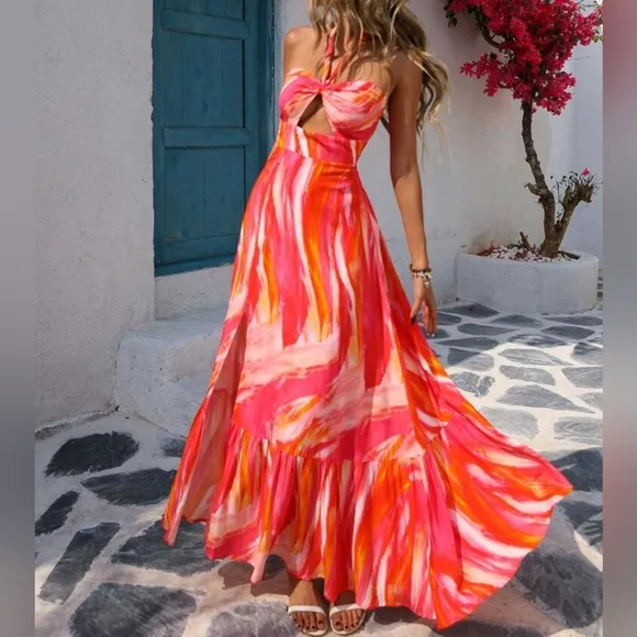 NEW Chic Tropical Bandeau Tie Halter Split Maxi Dress Pink Orange White