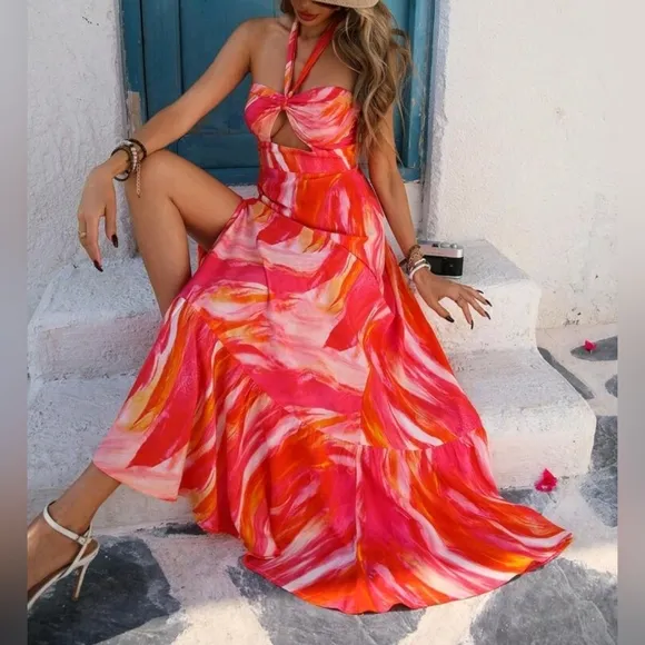 NEW Chic Tropical Bandeau Tie Halter Split Maxi Dress Pink Orange White
