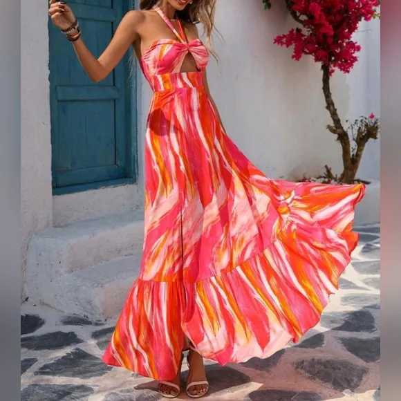 NEW Chic Tropical Bandeau Tie Halter Split Maxi Dress Pink Orange White