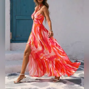 NEW Chic Tropical Bandeau Tie Halter Split Maxi Dress Pink Orange White