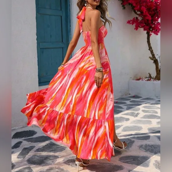NEW Chic Tropical Bandeau Tie Halter Split Maxi Dress Pink Orange White