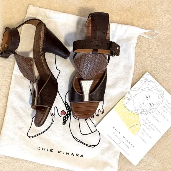 new Chie Mihara Leather Mid-Heel Sandals in Brown size 8