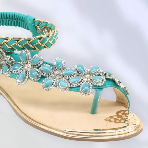 New Color! Italina Blue Floral Rhinestone Embellished Toe Ring Sandal
