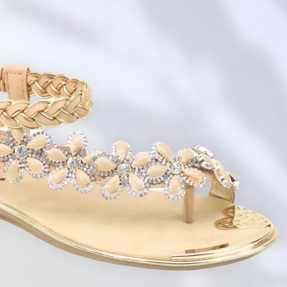 New Color! Italina Blue Floral Rhinestone Embellished Toe Ring Sandal