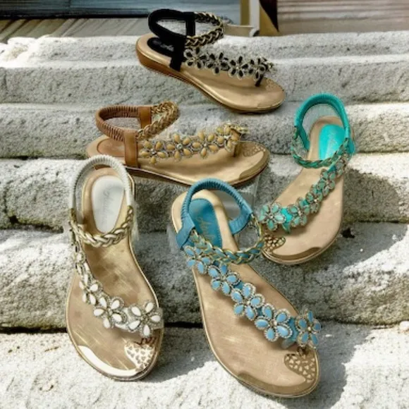 New Color! Italina Blue Floral Rhinestone Embellished Toe Ring Sandal