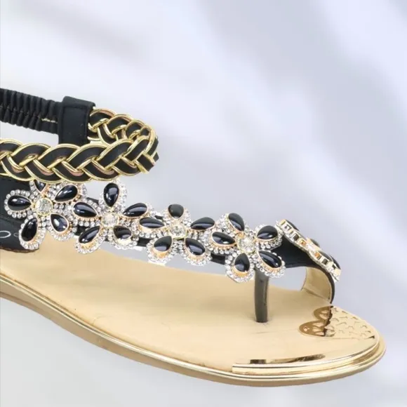 New Color! Italina Blue Floral Rhinestone Embellished Toe Ring Sandal